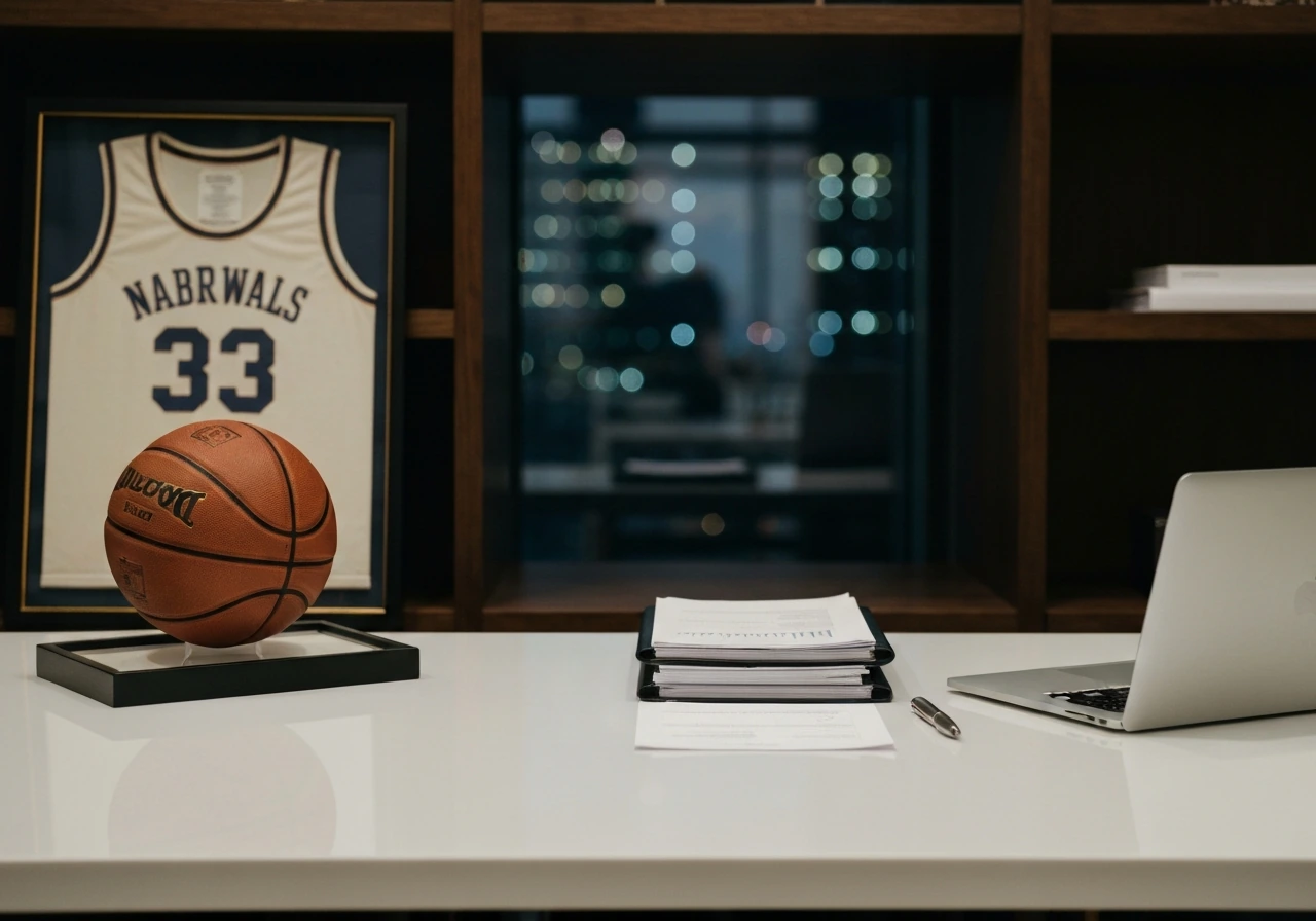 Minimal photo of a basketball memorabilia wall beside a luxury desk, symbolizing a sports net-worth estimate.