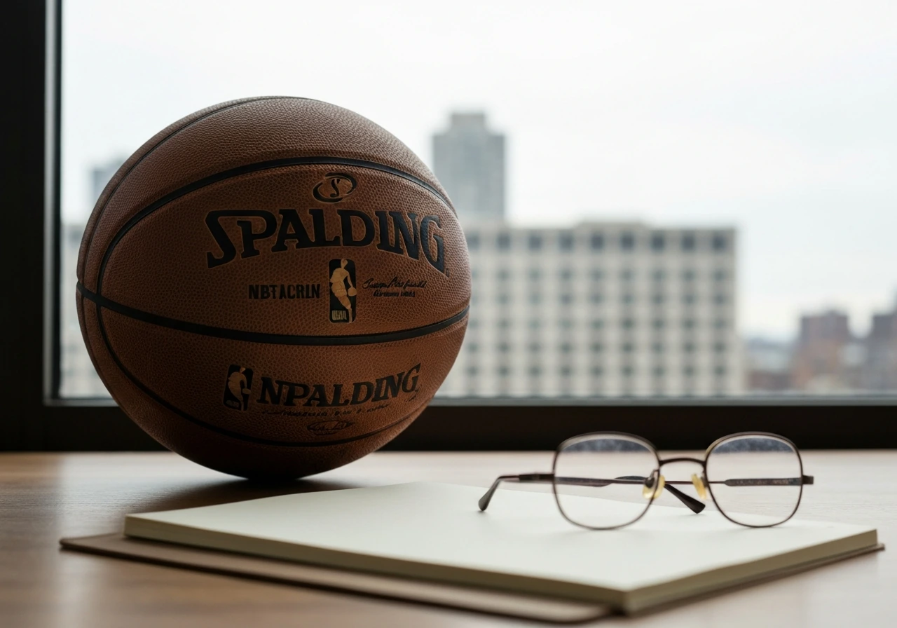 Close-up of a basketball and a notebook with an NBA-themed desk setup symbolizing career earnings research