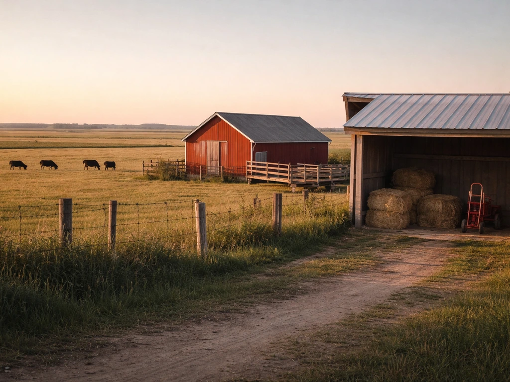 Rural Nebraska farm scene with cattle, fields, and a small business storefront symbolizing wealth