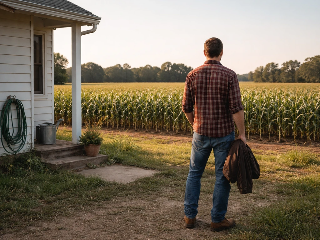 Man in a plaid shirt stands outside a farmhouse near cornfields in Falls City, Nebraska