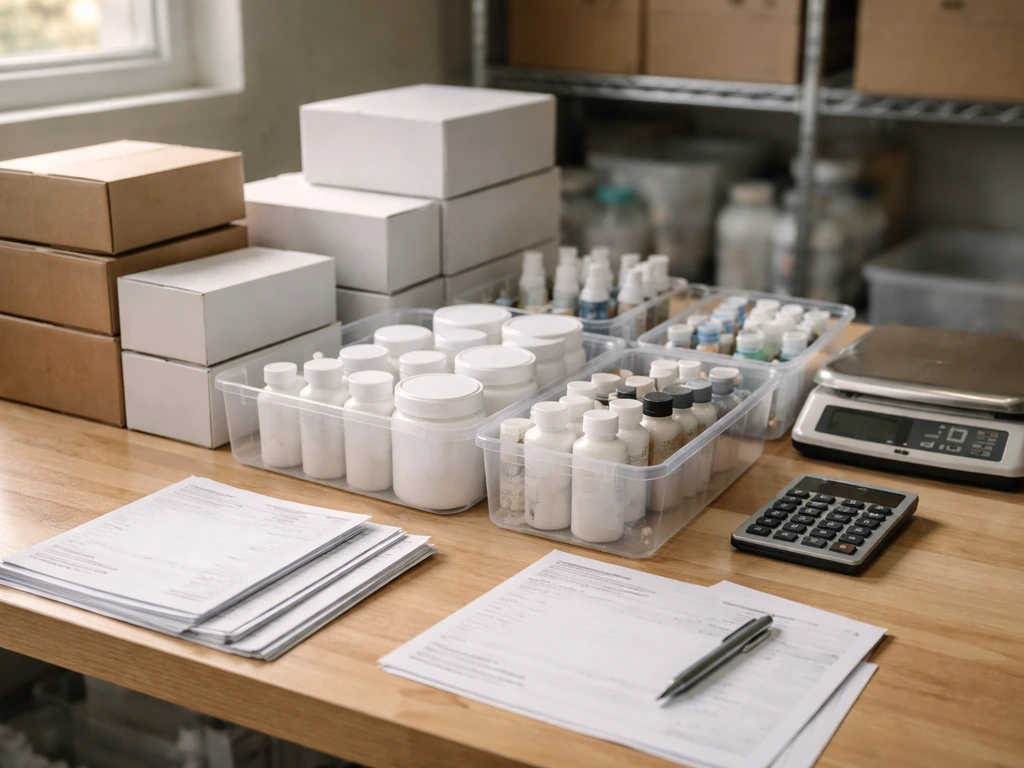 Unlabeled supplement and cleaning product boxes on an inventory tray worktable, suggesting business valuation.