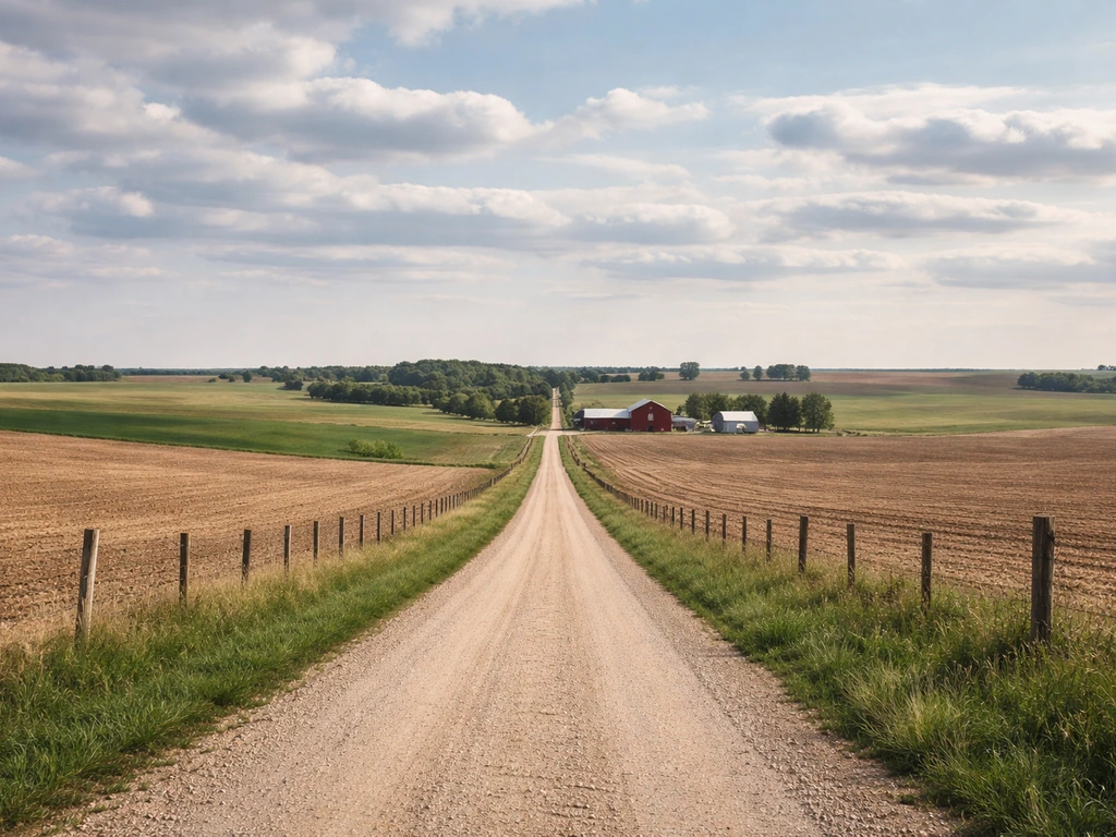 A quiet Nebraska farm field with a dirt road and distant barns, suggesting rural land holdings near Falls City.