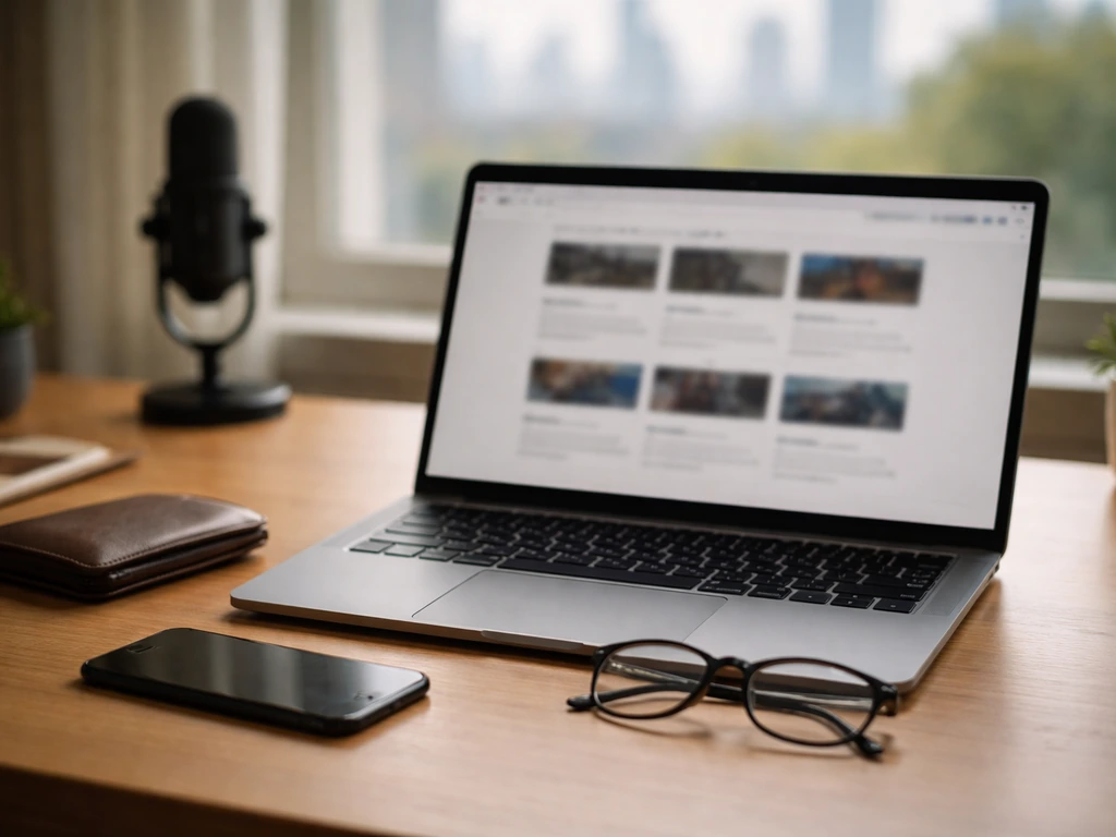 Minimal office desk with a phone and a blurred disambiguation-style browser page suggesting identity search context