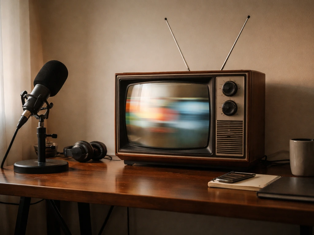Vintage TV on a desk in a quiet studio, with a microphone nearby and a blurred broadcast screen.