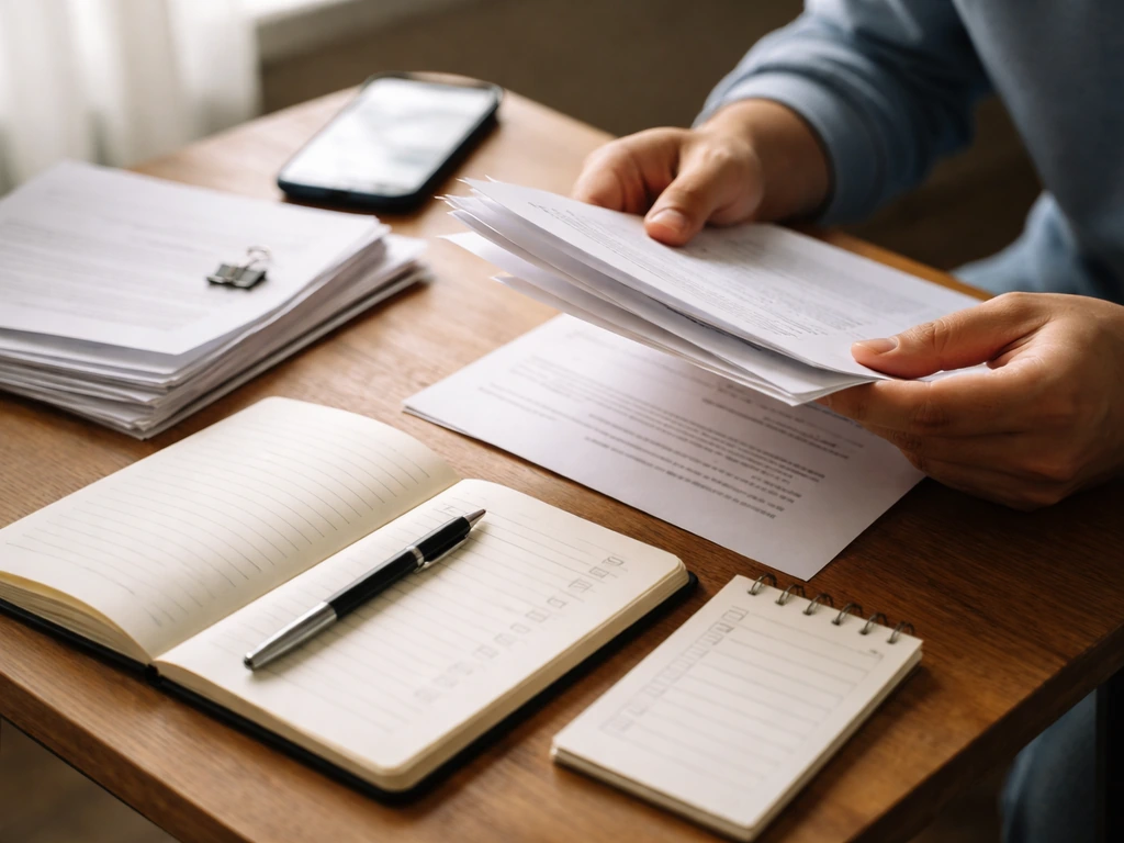 Hands reviewing printed documents and notes beside a phone, symbolizing checking source reliability