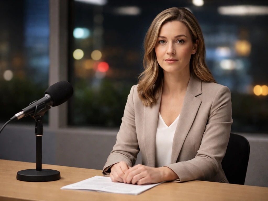 Anonymous broadcast journalist at a studio desk with a microphone, blurred newsroom lights in the background.