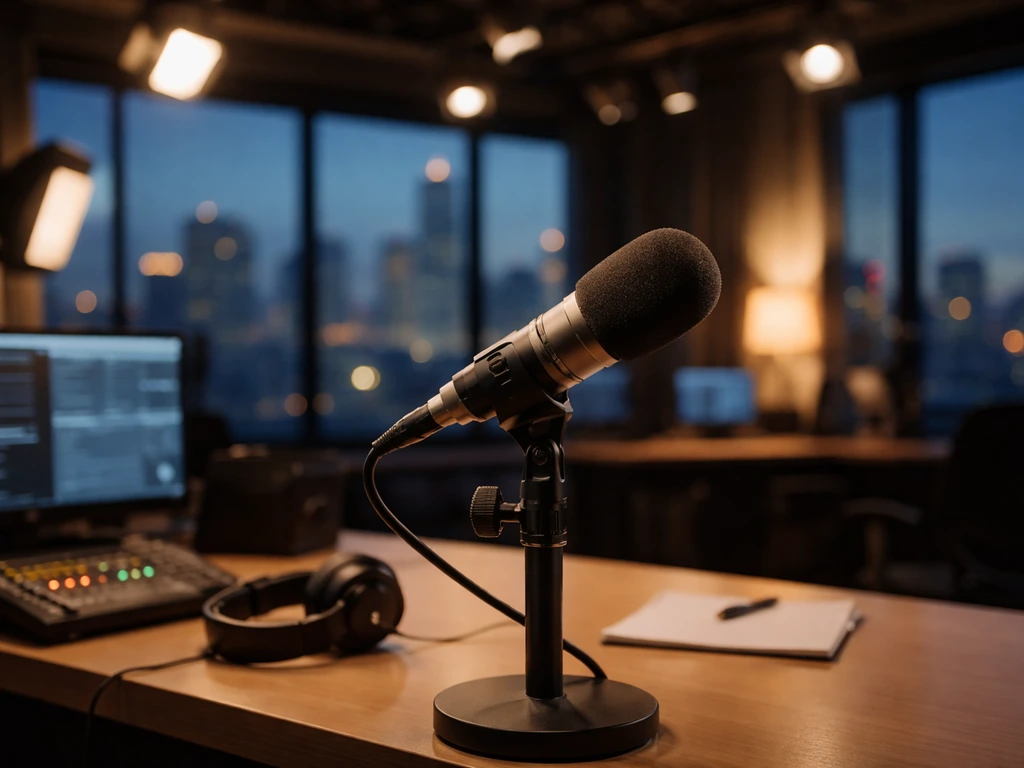 Candid newsroom studio scene with a broadcast microphone and soft city light reflecting off glass windows