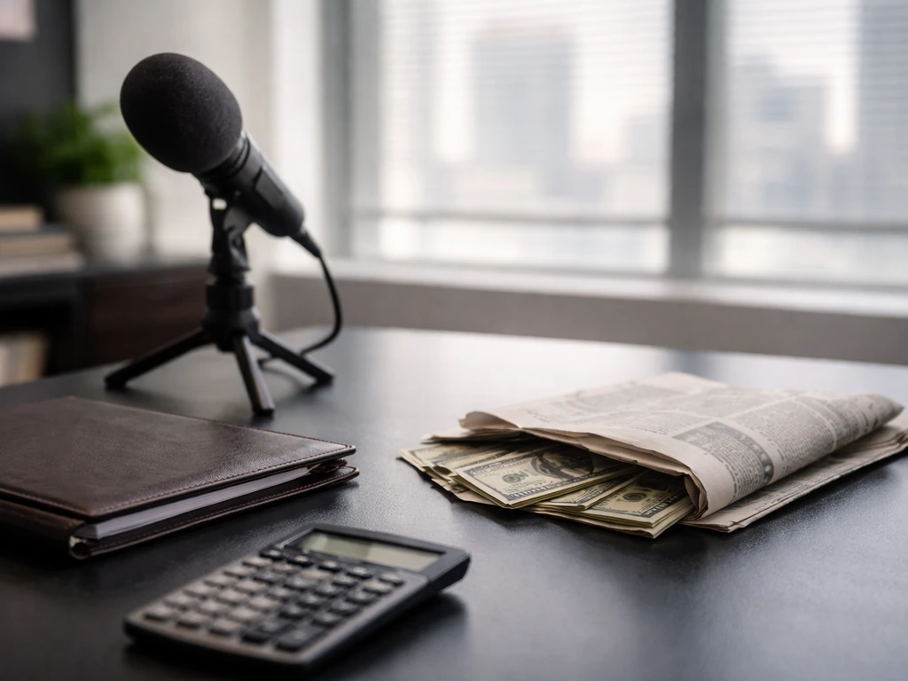 Minimal office desk with a microphone, calculator, and dollar bills beside a folded newspaper.