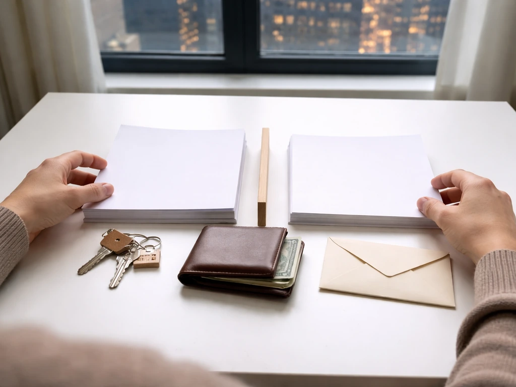 Minimal desk scene showing an asset vs liability inventory concept with blank paper, envelopes, and keys