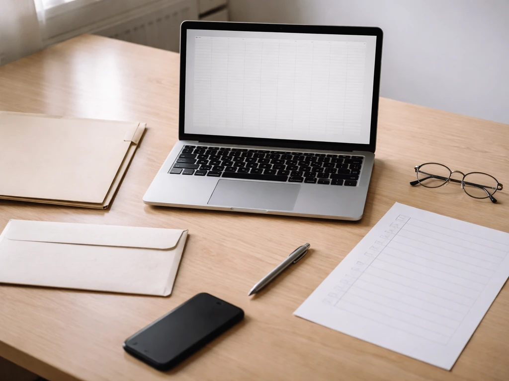 Minimal desk scene with property records, brokerage statements, and a laptop showing a checklist-style workflow