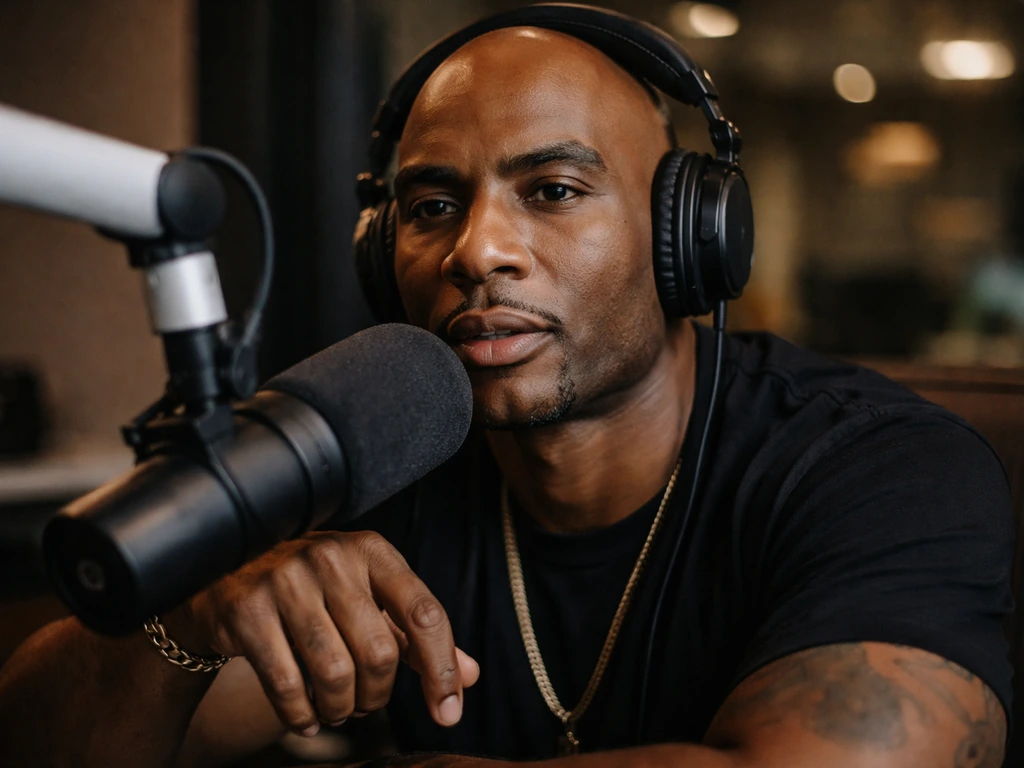 Charlamagne Tha God in a radio studio with a microphone and headsets, minimal and candid.
