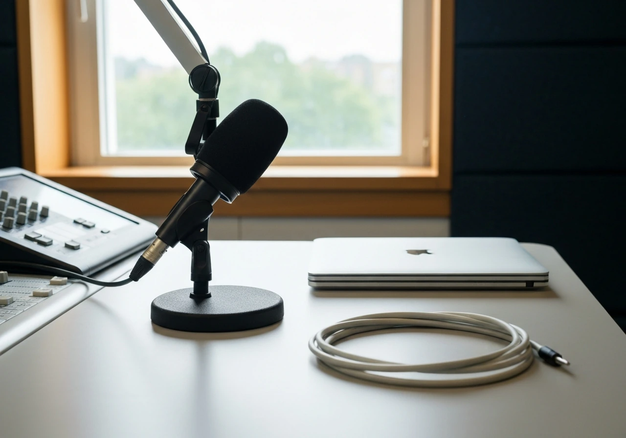 A minimal desk setup with a radio microphone, papers, and a laptop, suggesting how estimates are built.