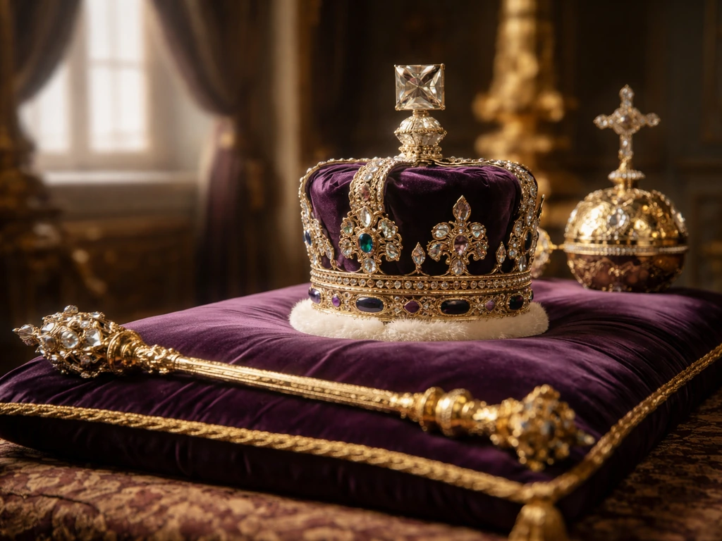 Ornate crown and jeweled royal regalia on velvet in an elegant palace room, no people.