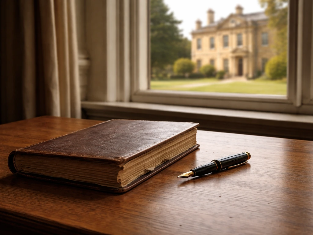 Sovereign grant concept: stately estate grounds and a worn ledger on a desk with soft royal-like lighting.