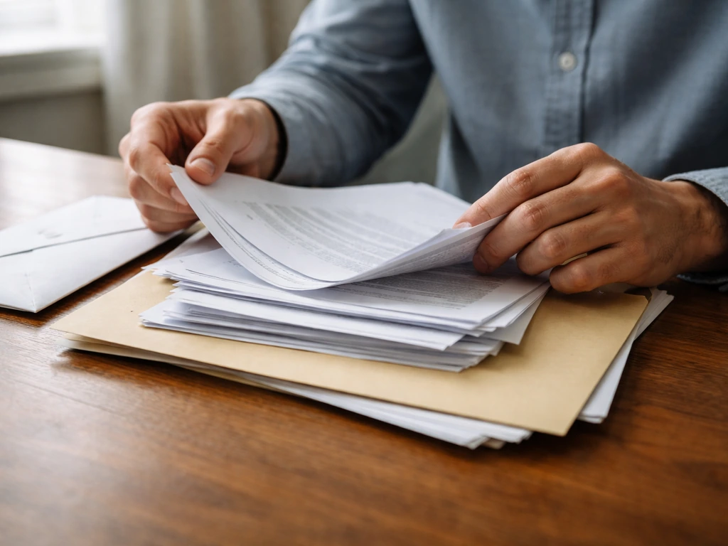 Hands holding a folder of official documents on a wooden desk, suggesting verified assets and possible discrepancies.