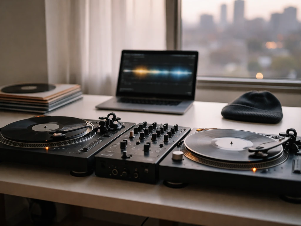 Minimal rap-producer studio desk with turntables, vinyl, and a laptop in natural light.