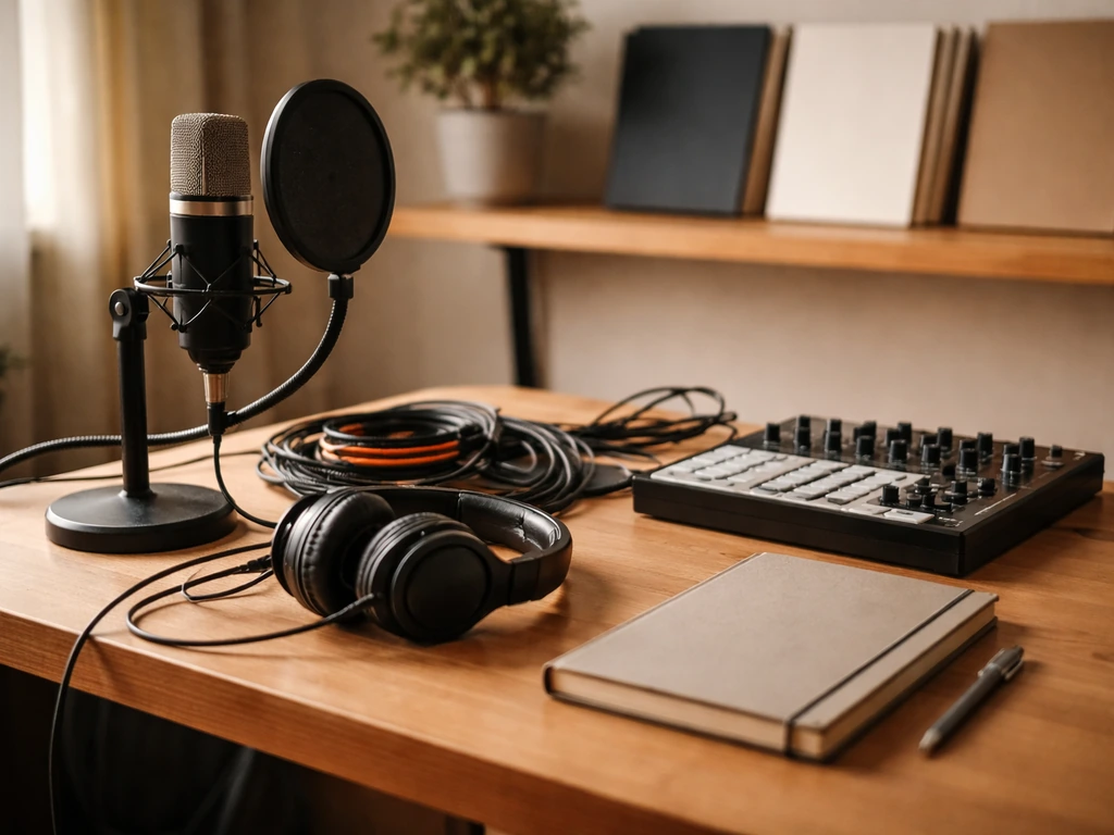Music studio desk with a mic and studio gear, hinting at an independent rapper and label ownership