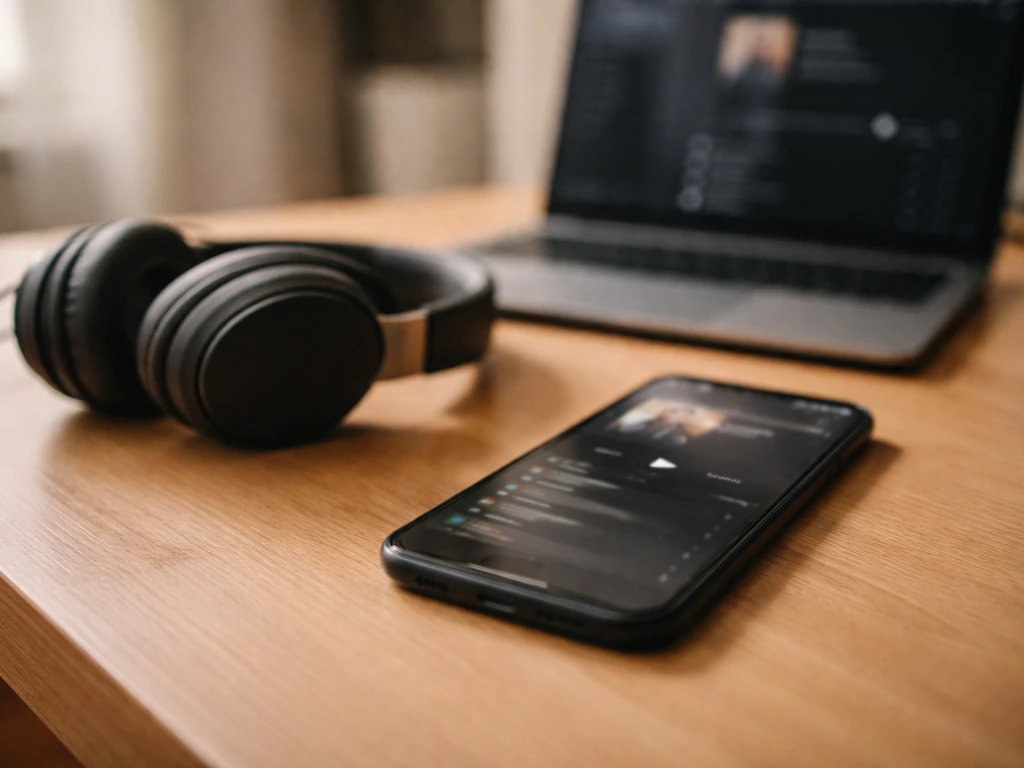 Smartphone and headphones on a desk showing an indistinct music streaming screen, minimal and realistic.