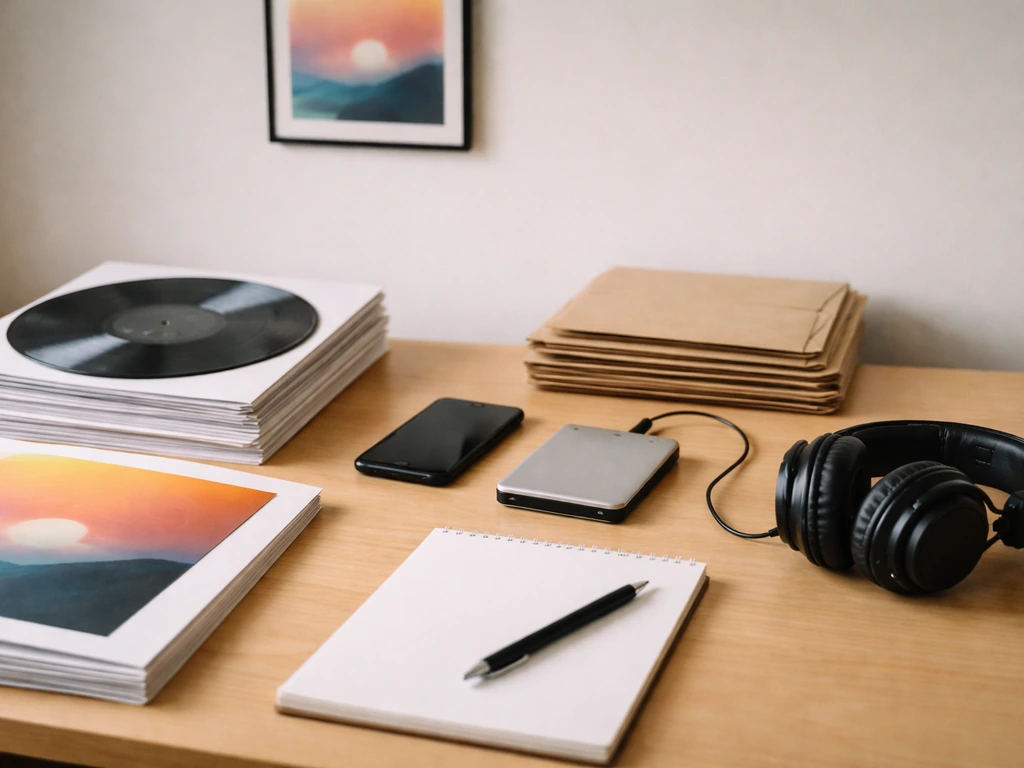 Minimal desk scene with vinyl sleeves, headphones, and envelopes showing independent label workflow.