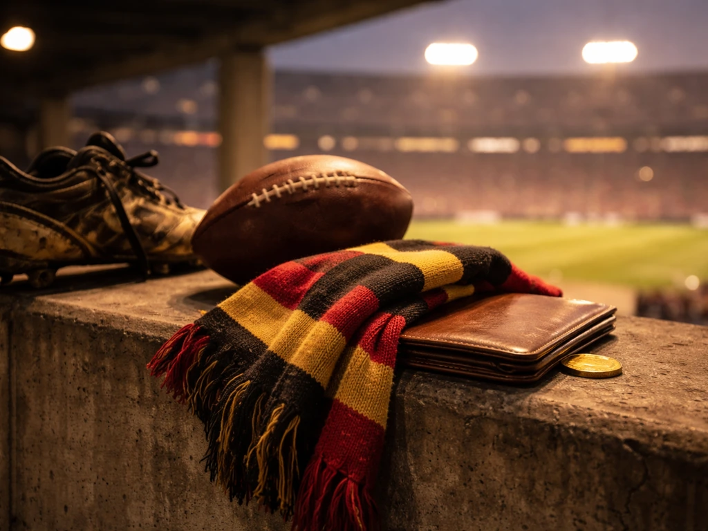A football cleat and Saints colors scarf with a leather portfolio and gold coin near the stadium rail.