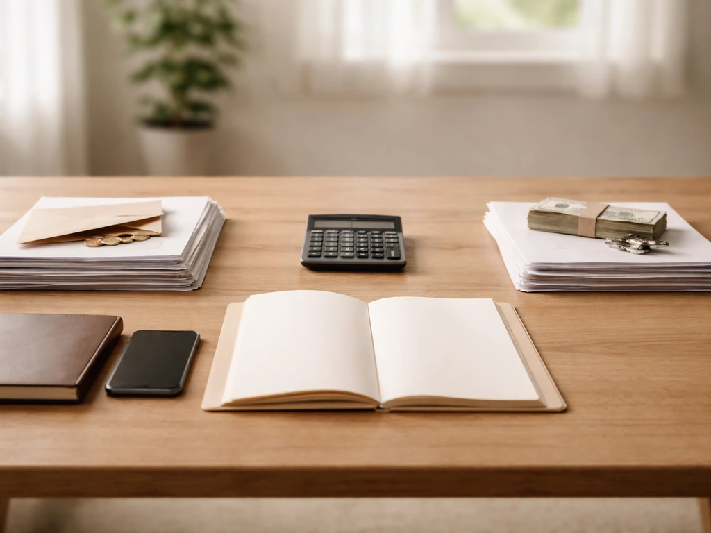 Minimal desk scene with a calculator and open folder showing assets and liabilities concept