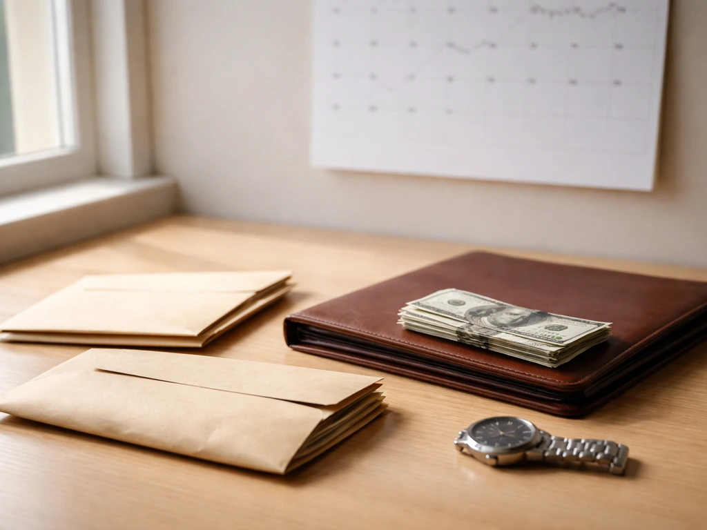 Minimal photo of a wall calendar with circled dates and scattered money envelopes on a desk
