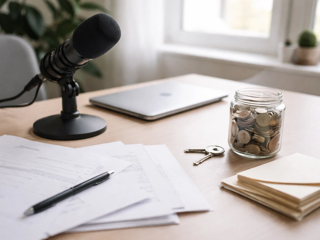 Minimal desk scene with microphone and blank financial papers plus coins, suggesting layered income estimates.