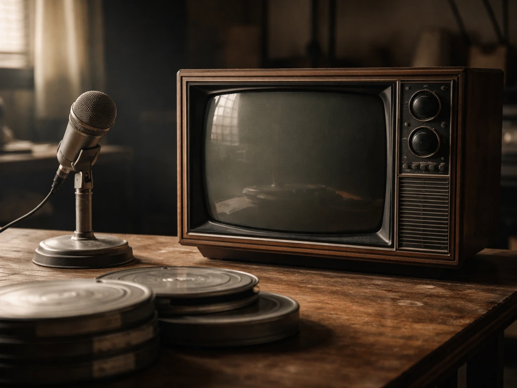 Minimal archive-style scene with a vintage TV, studio microphone, and scattered film reels suggesting decades of media w
