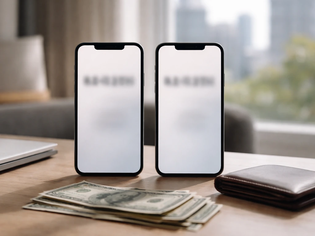 Minimal desk with two phones showing conflicting blurred wealth numbers and money items.