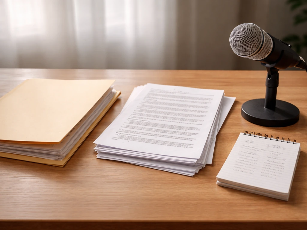 Minimal desk scene with folders of public records, printed transcripts, and salary notes beside a microphone