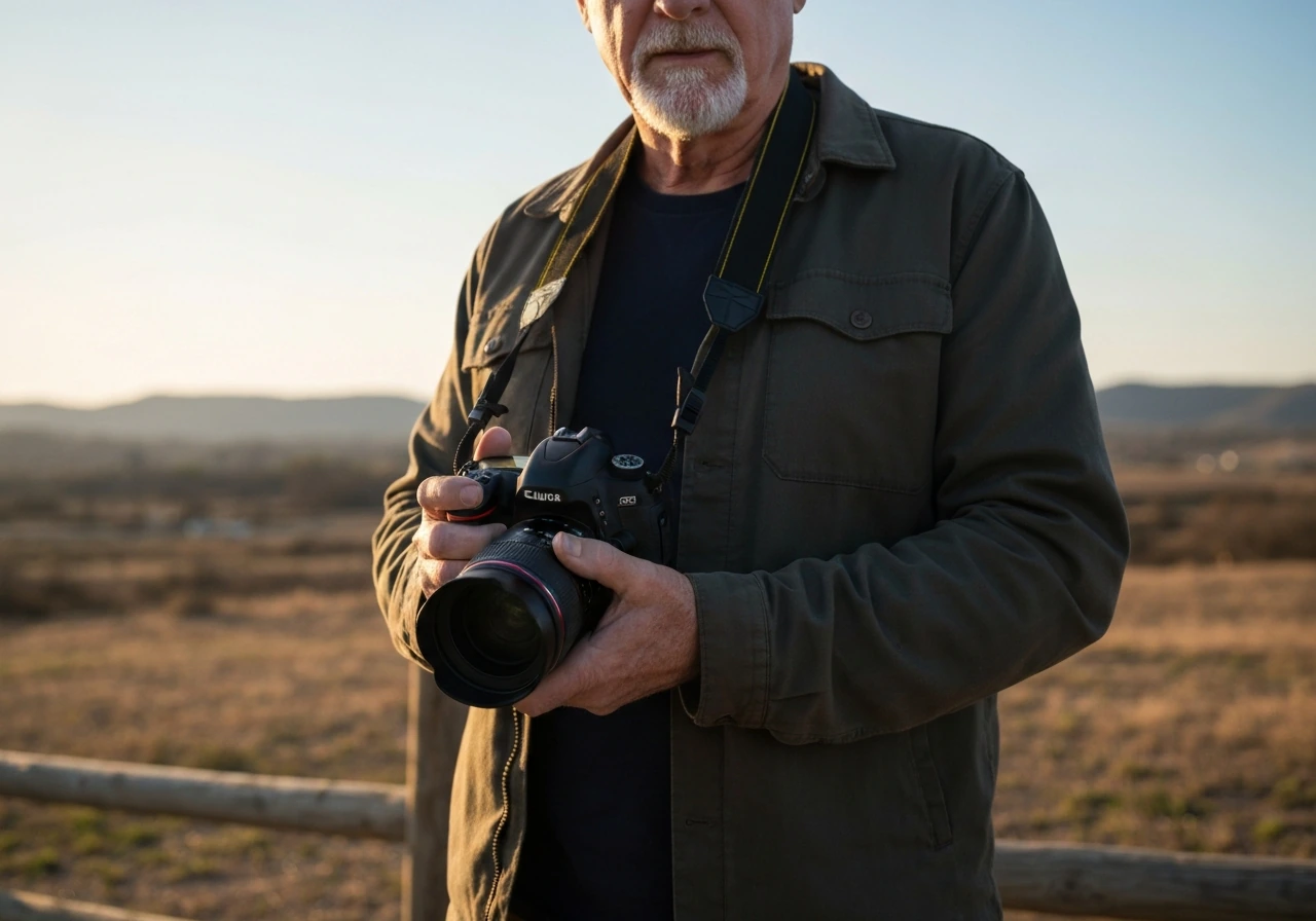 Anonymous older photographer outdoors holding a DSLR camera near a rural overlook in warm light.