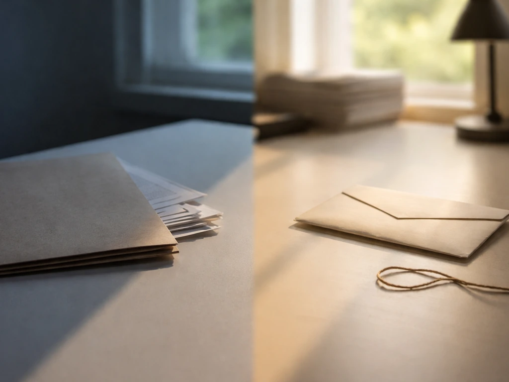 Desk with cool-shadow documents on one side and warm-lit sealed envelope on the other.