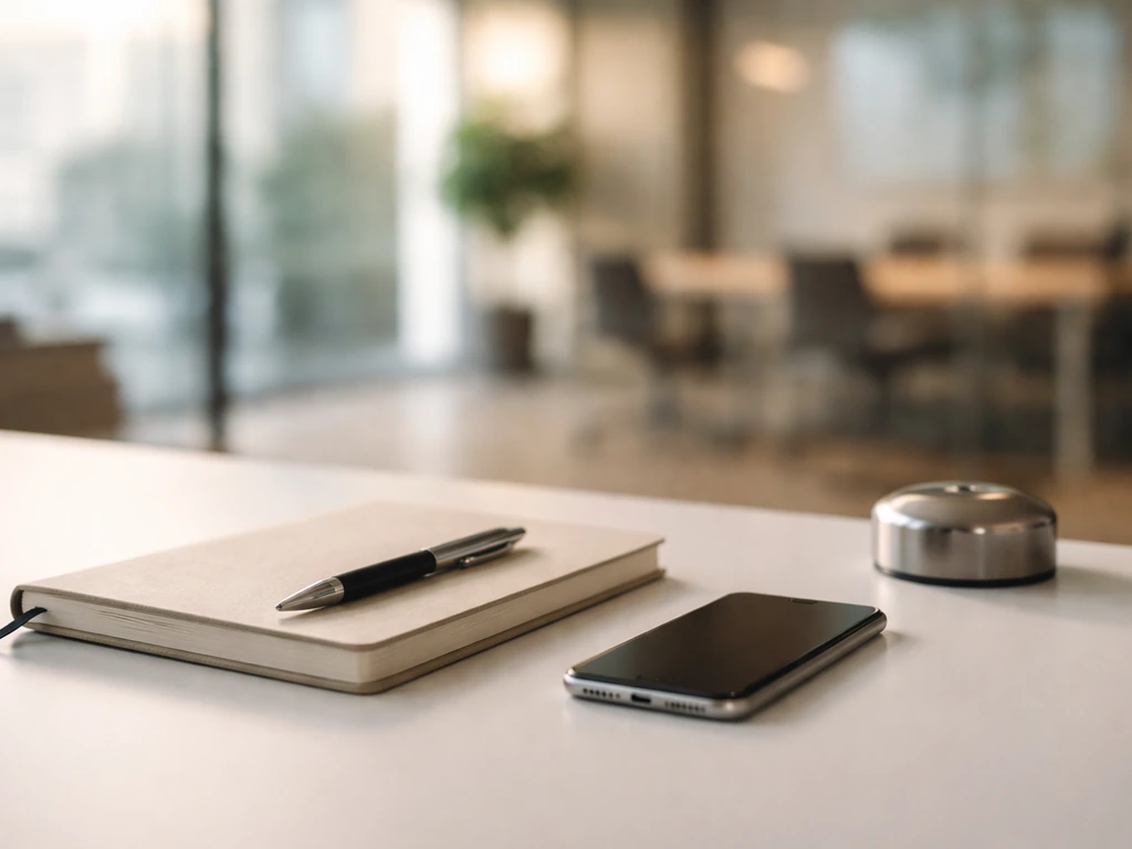 Minimal office desk scene with a finance-themed notebook and pen, symbolizing an investment adviser’s work.