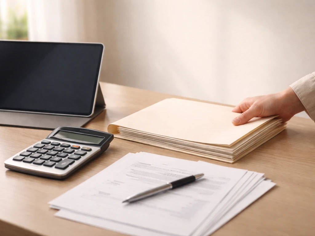Minimal photo showing a calculator beside a tablet with a plain ledger-style folder, symbolizing AUM to fee revenue.