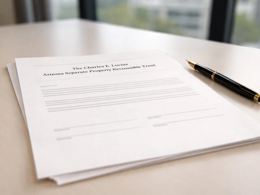 Close-up of a generic revocable trust document on a desk with a pen and blurred business background.