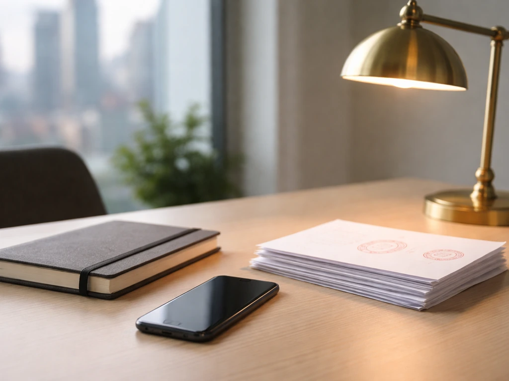 Minimal office desk with documents, a phone, and city skyline blur symbolizing verifiable financial milestones.