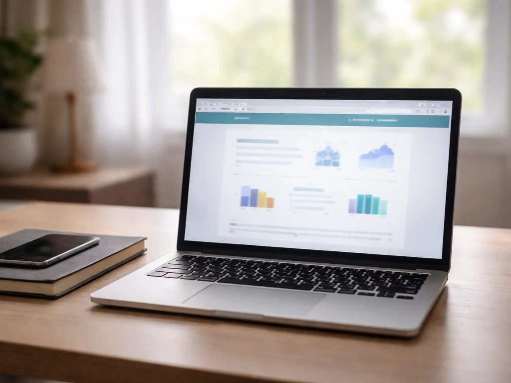 Laptop on a desk with blurred financial lookup webpages, suggesting primary-source verification work.