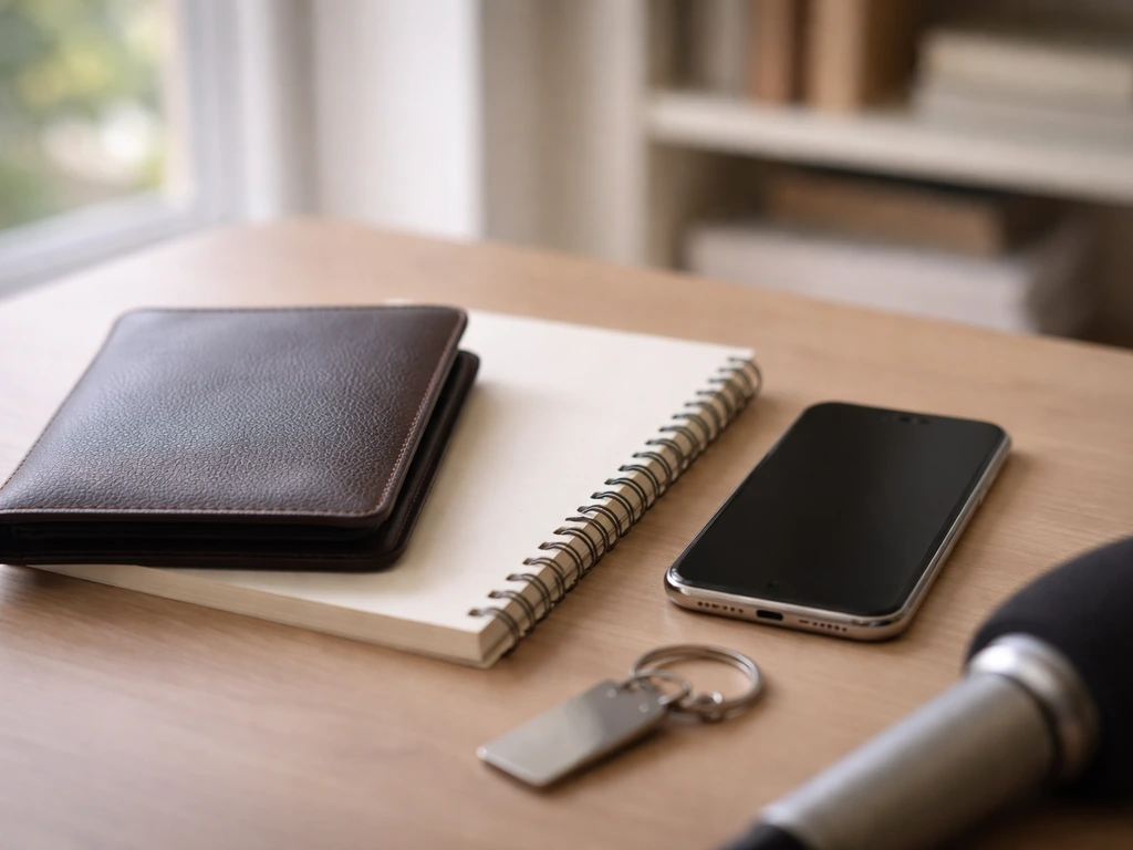 Minimal desk scene with a passport folder and notebook symbolizing identity verification for a net worth check.