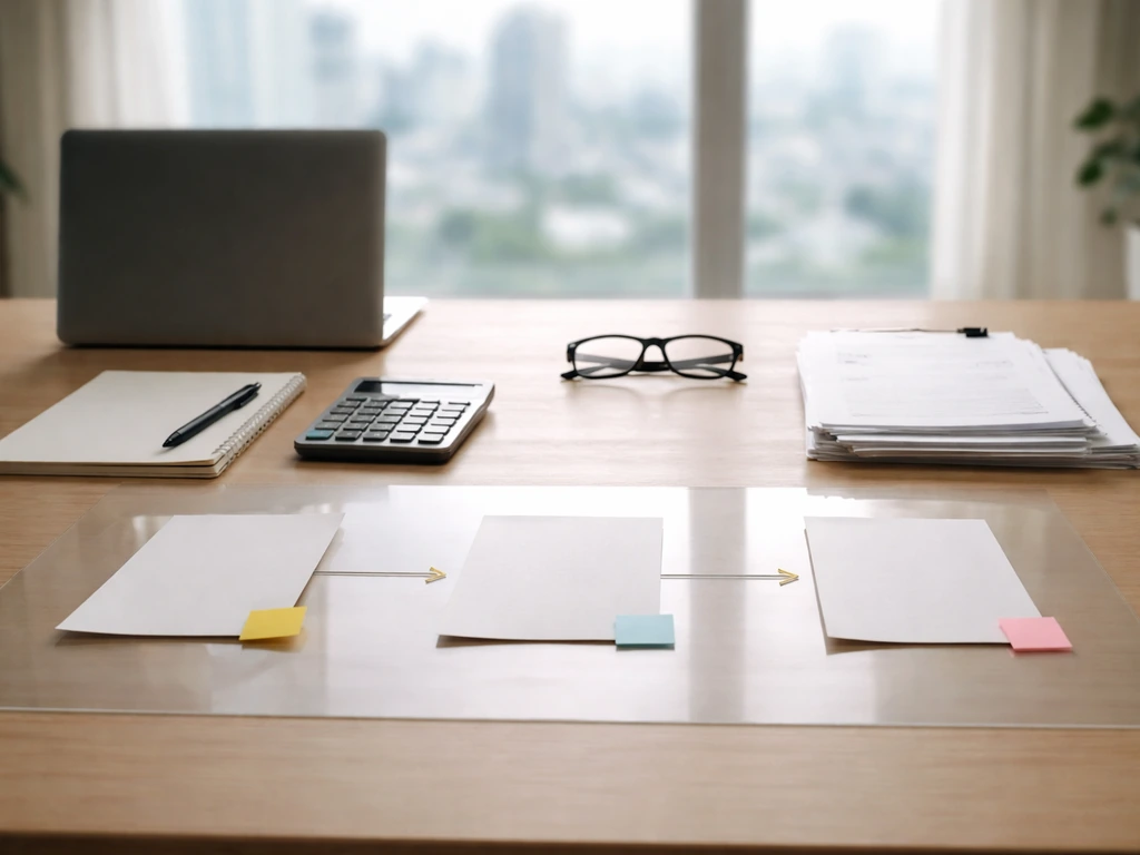 Minimal desk with laptop, calculator, blank notes, and production sheets suggesting estimate-building inputs.