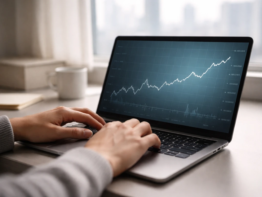 Close-up of a laptop showing an abstract stock market chart for BRK.A valuation, no readable text.