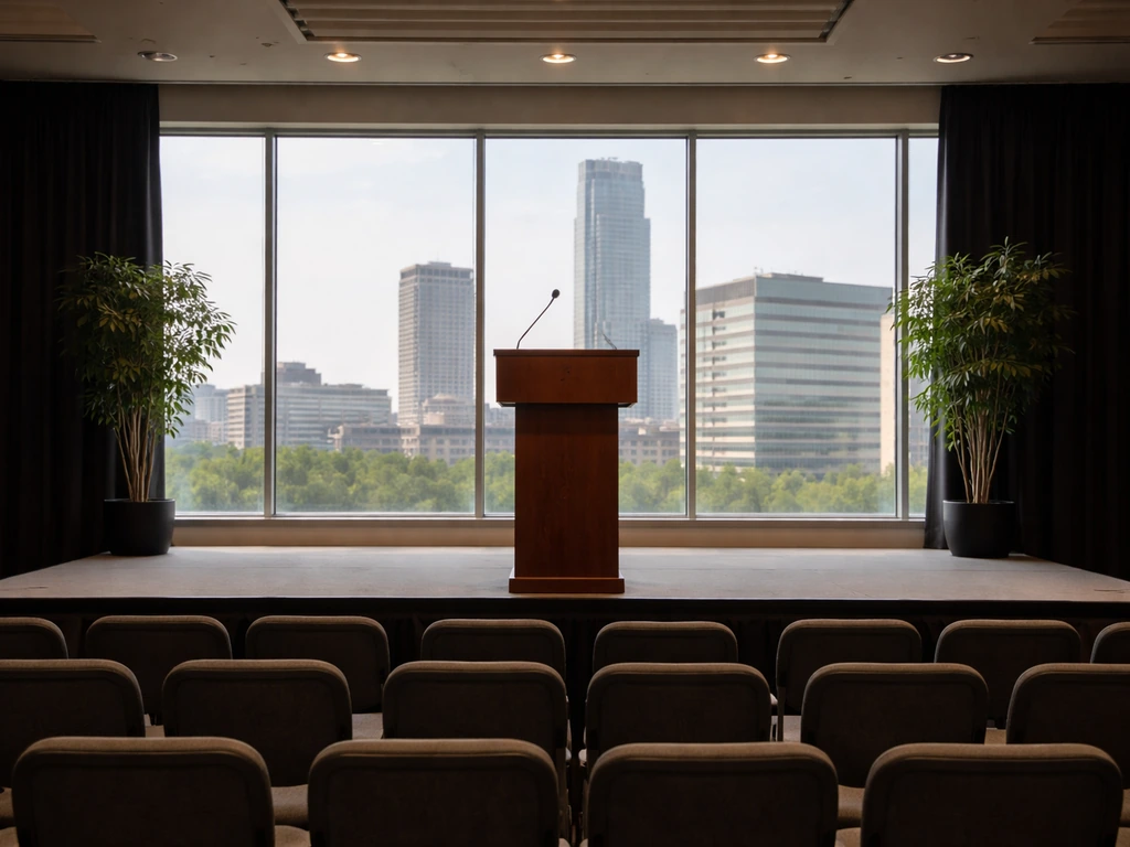 Empty stage at a Berkshire Hathaway-style shareholder meeting with Omaha headquarters exterior backdrop