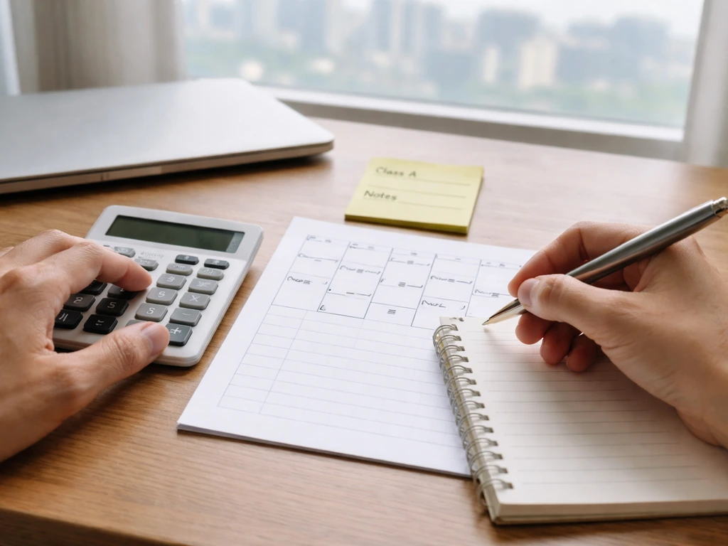 Hands using a calculator on a blank worksheet with share-class notes at a simple desk.