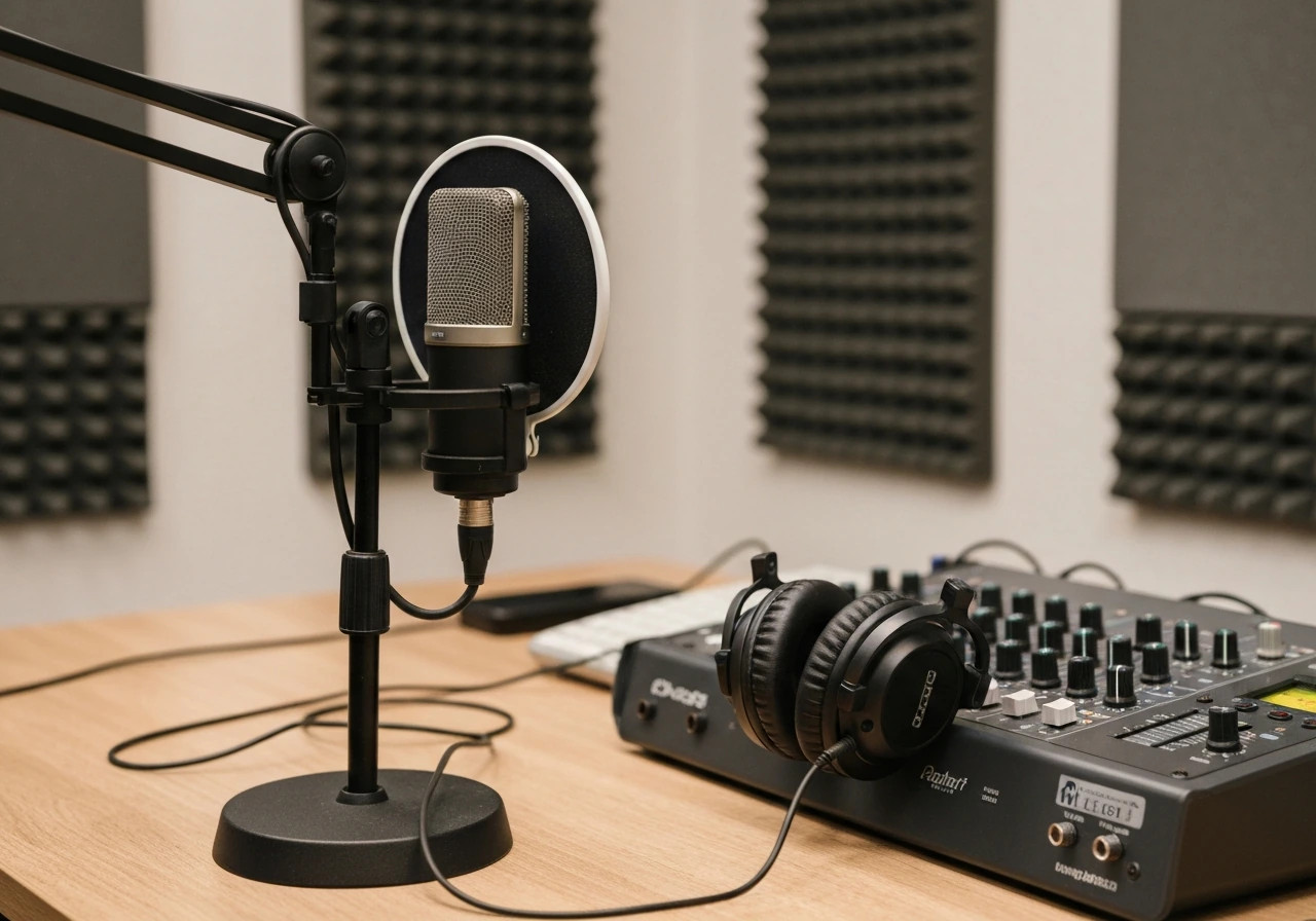 Close-up of a radio studio desk with a microphone and headphones in a quiet acoustic room.