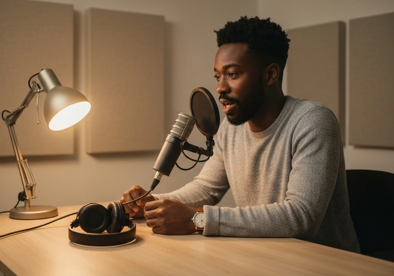 Black podcaster host speaking into a microphone in a quiet studio with minimal background elements.