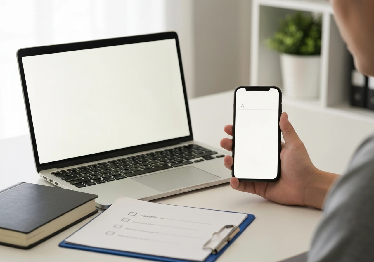 Person using phone and laptop at a desk to search and verify information, with a blank checklist.