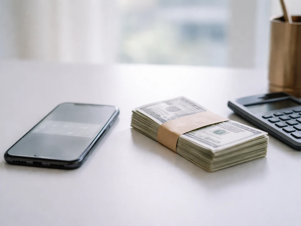 Minimal office desk with a smartphone displaying a blurred date and a small stack of cash, suggesting net-worth estimate