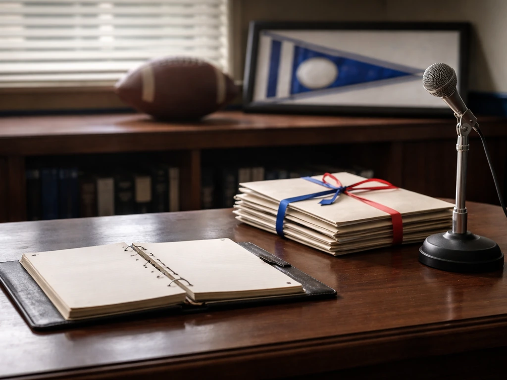 Vintage desk with football-themed folders and microphone, navy and blue accents suggesting 1990s big contracts