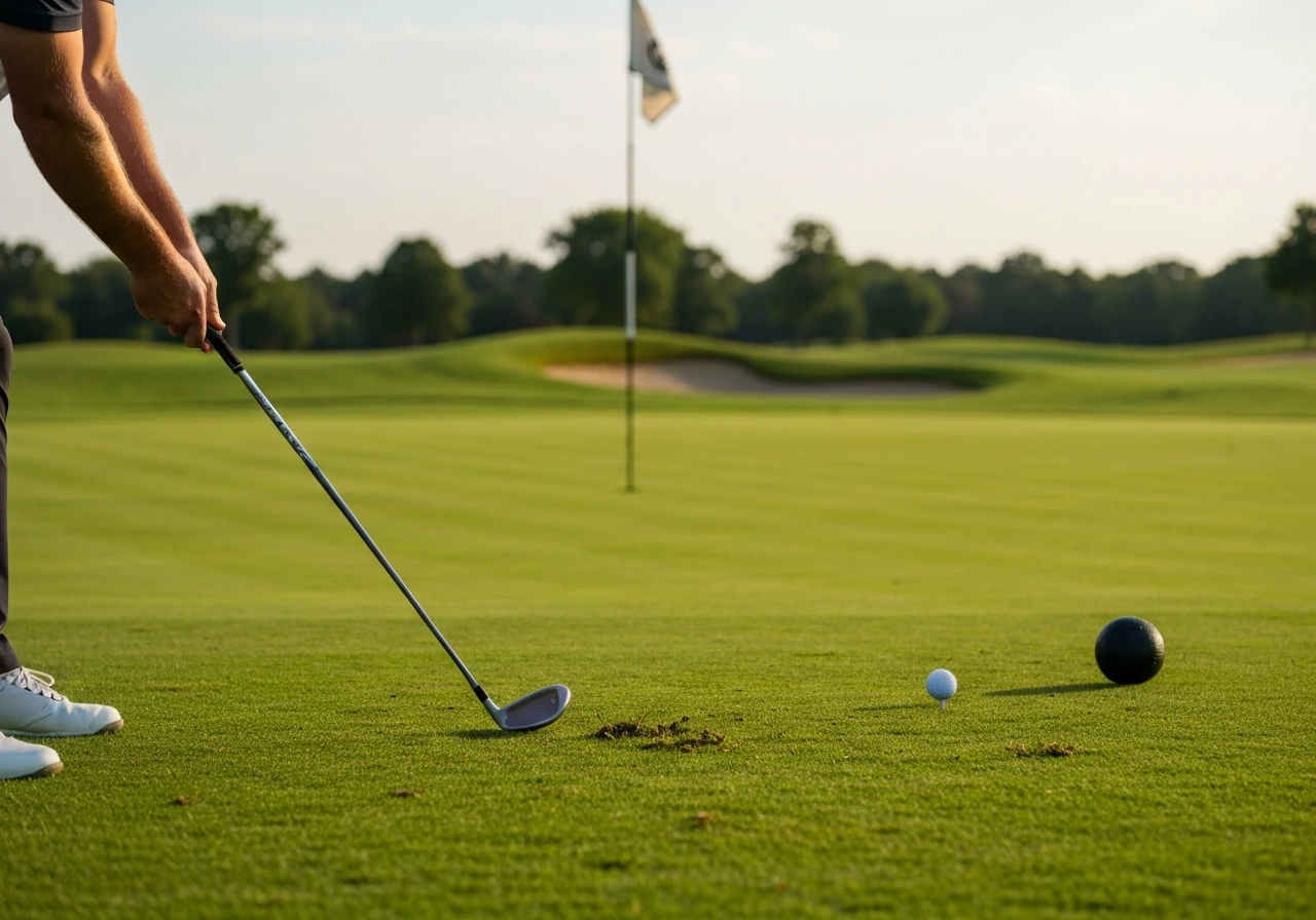 Golf hands and club mid-swing on a fairway with blurred green behind, no identifiable golfer