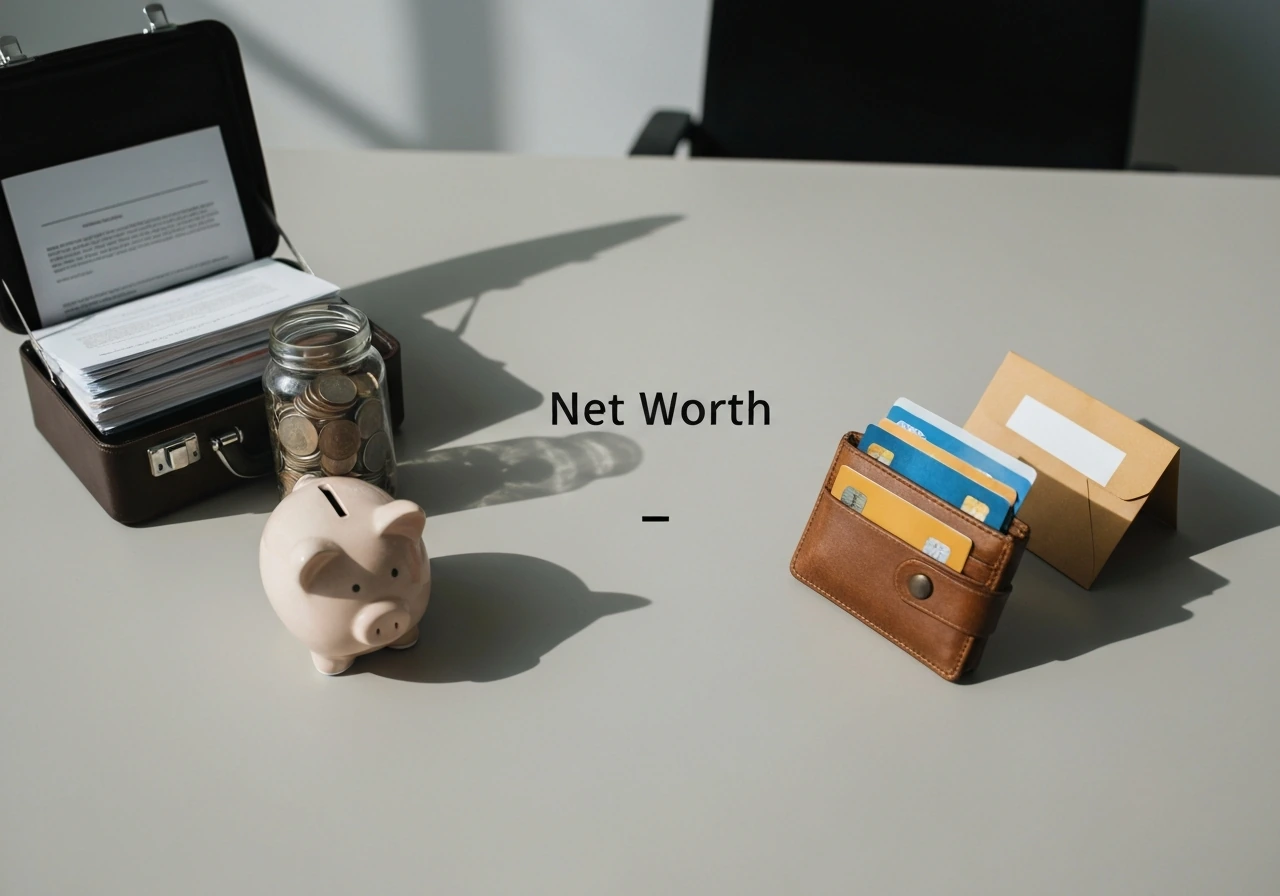 Desk scene with money-like assets on one side and credit/debt items on the other, implying assets minus liabilities.