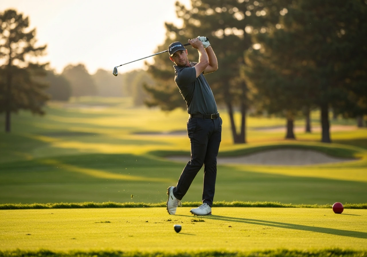 Golfer in action on a sunny PGA-style course, capturing the prize-money vibe of tournament play.